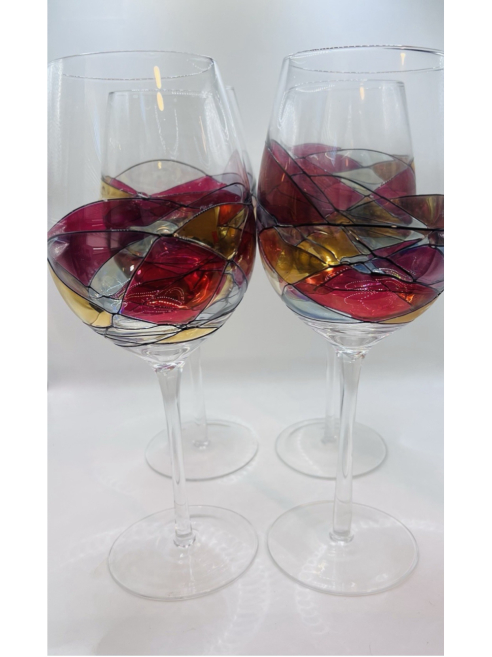 Set of (4) Cornet Barcelona Sagrada Handpainted Art Goblet Wine Glasses Red Gold